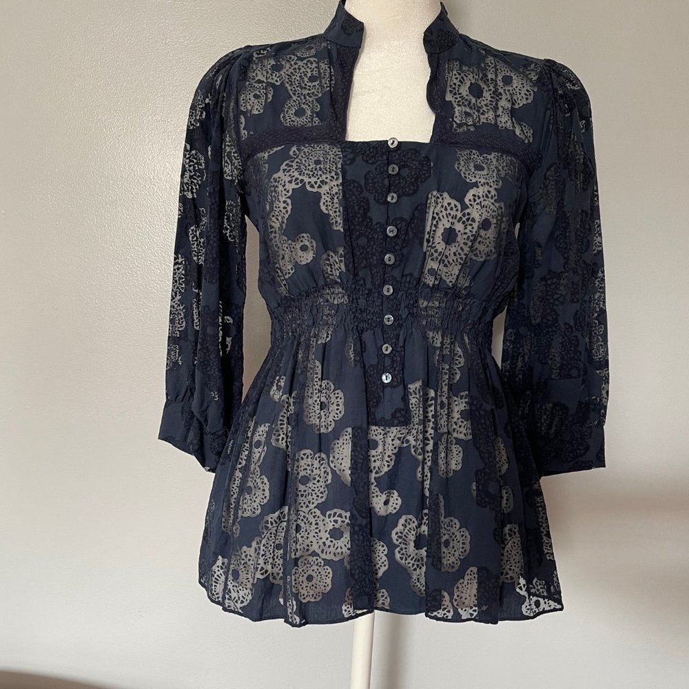 Anthropologie FEI Blue Silk & Cotton Blouse - Picture 2 of 8